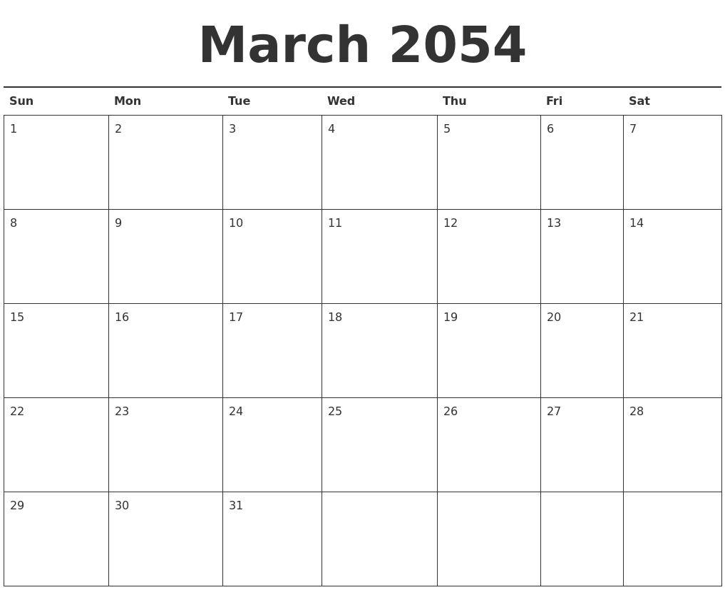 March 2054 Calendar Printable