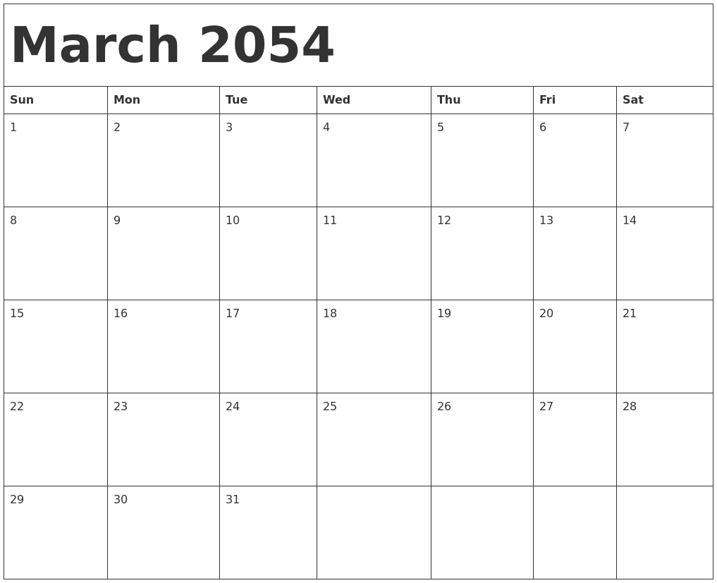 March 2054 Calendar Template