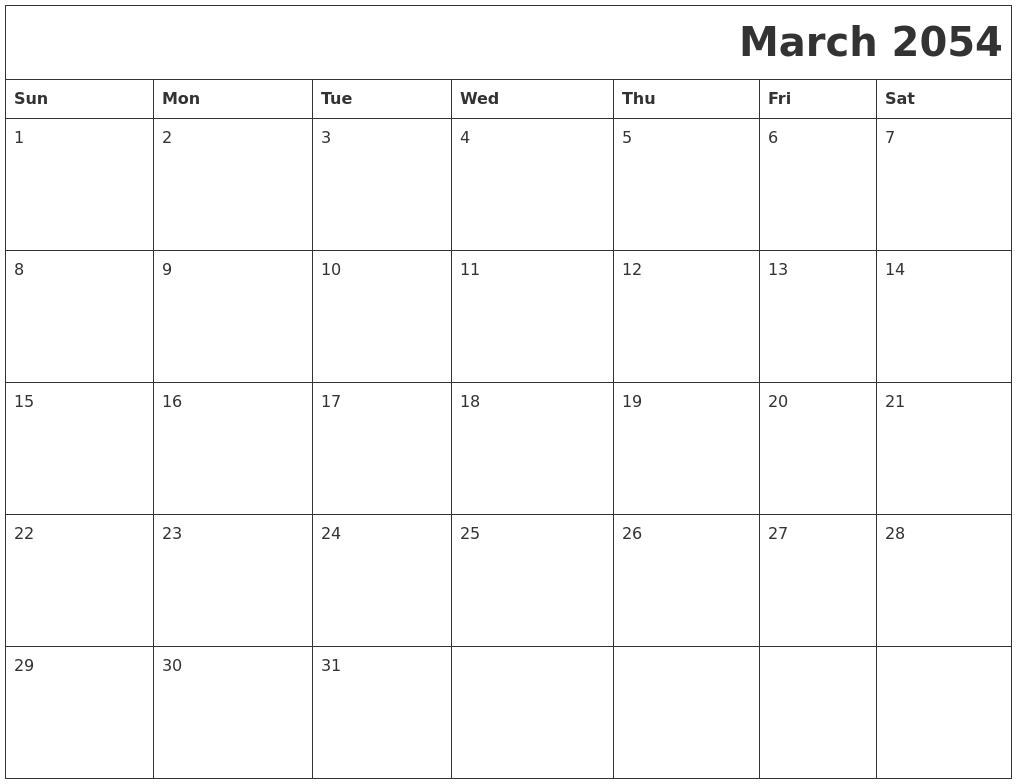March 2054 Download Calendar