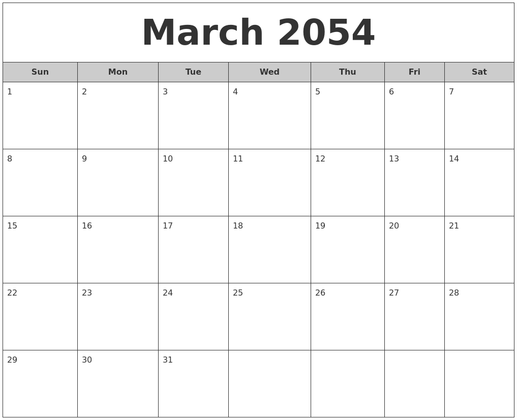 March 2054 Free Monthly Calendar