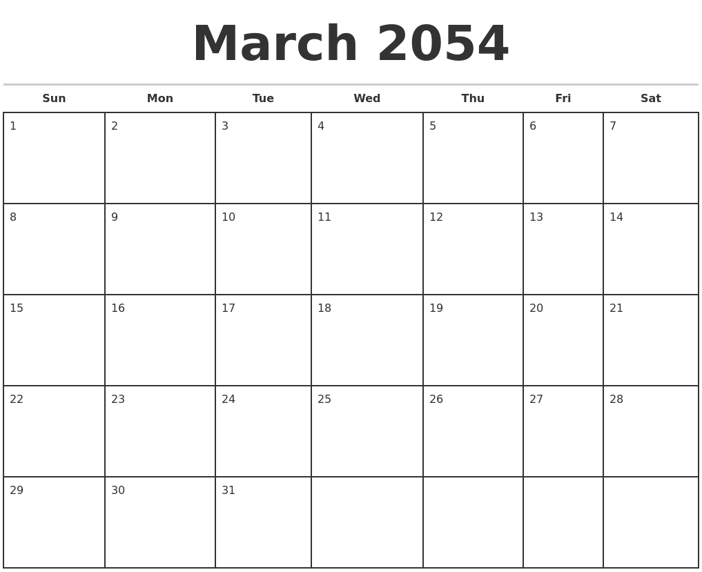 March 2054 Monthly Calendar Template
