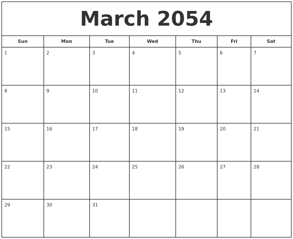 March 2054 Print Free Calendar