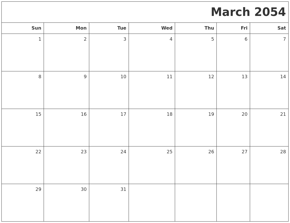 March 2054 Printable Blank Calendar