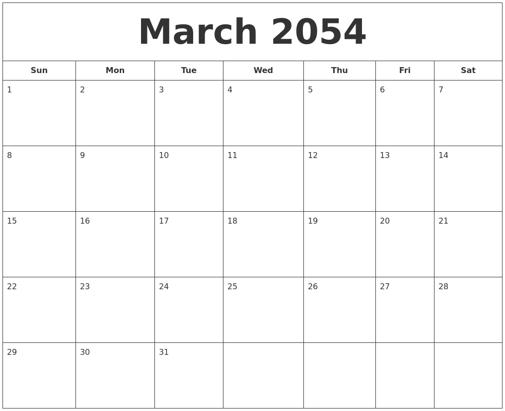 March 2054 Printable Calendar