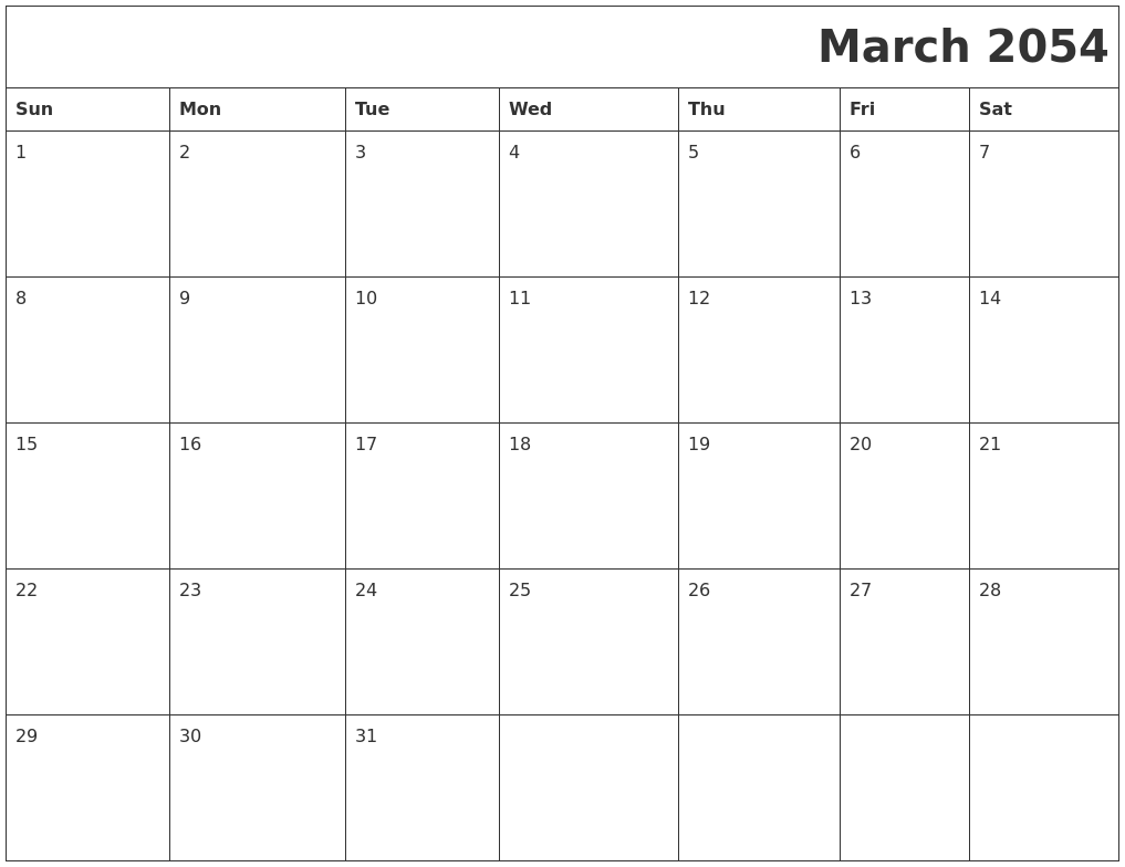 March 2054 Printable Calender