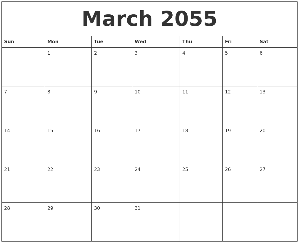 March 2055 Blank Calendar To Print