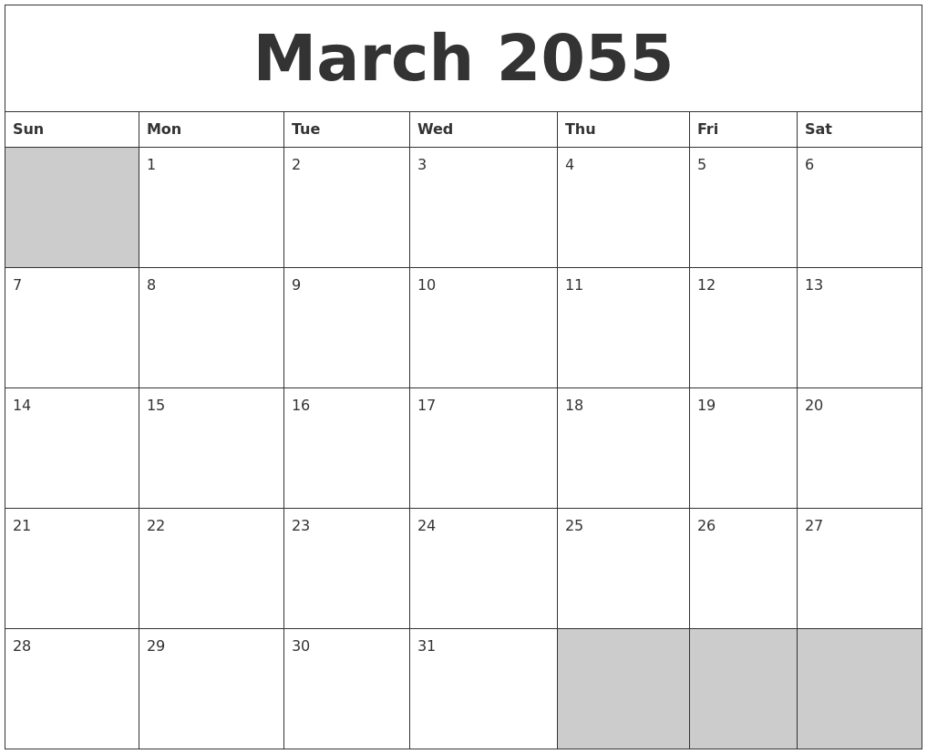 Freee Printable March Blank Calendar