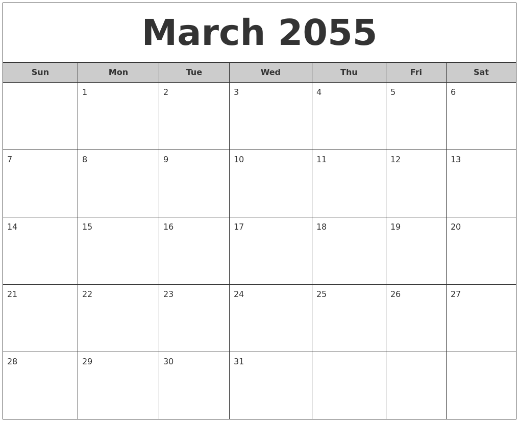 March 2055 Free Monthly Calendar