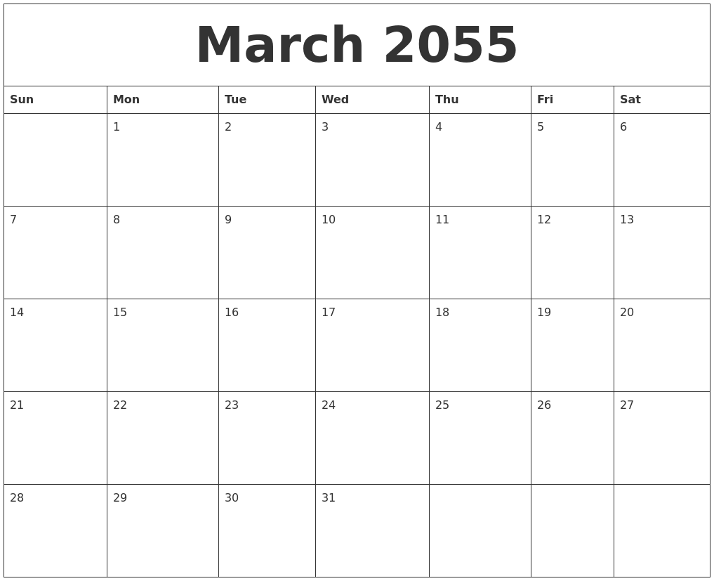 March 2055 Free Printable Weekly Calendar