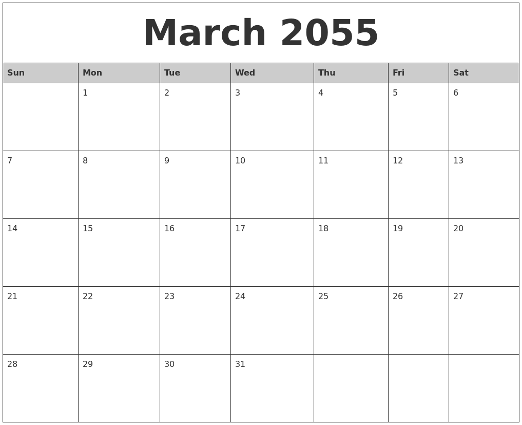 March 2055 Monthly Calendar Printable
