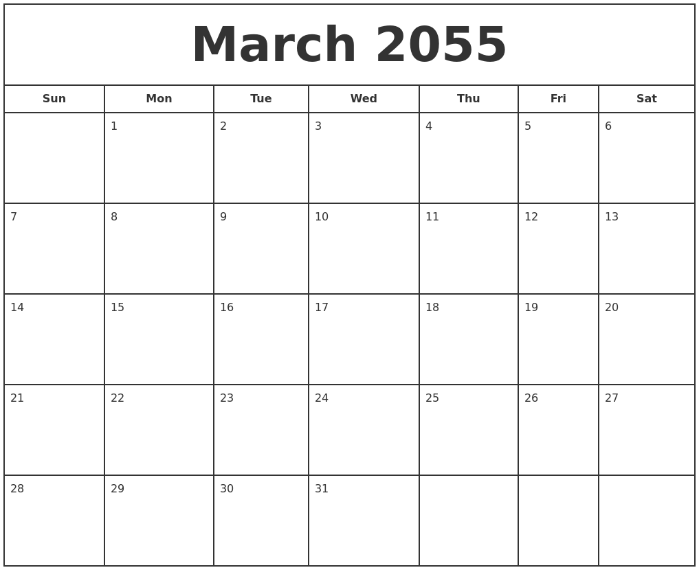 March 2055 Print Free Calendar