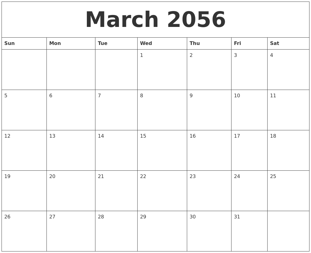 March 2056 Birthday Calendar Template