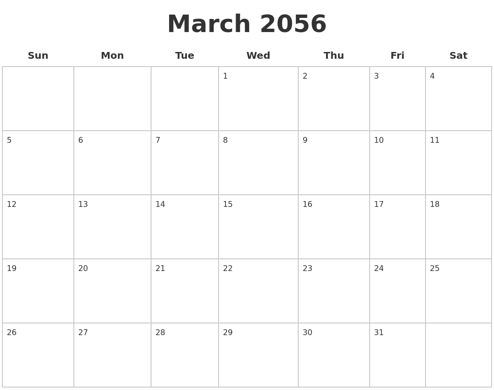 March 2056 Blank Calendar Pages