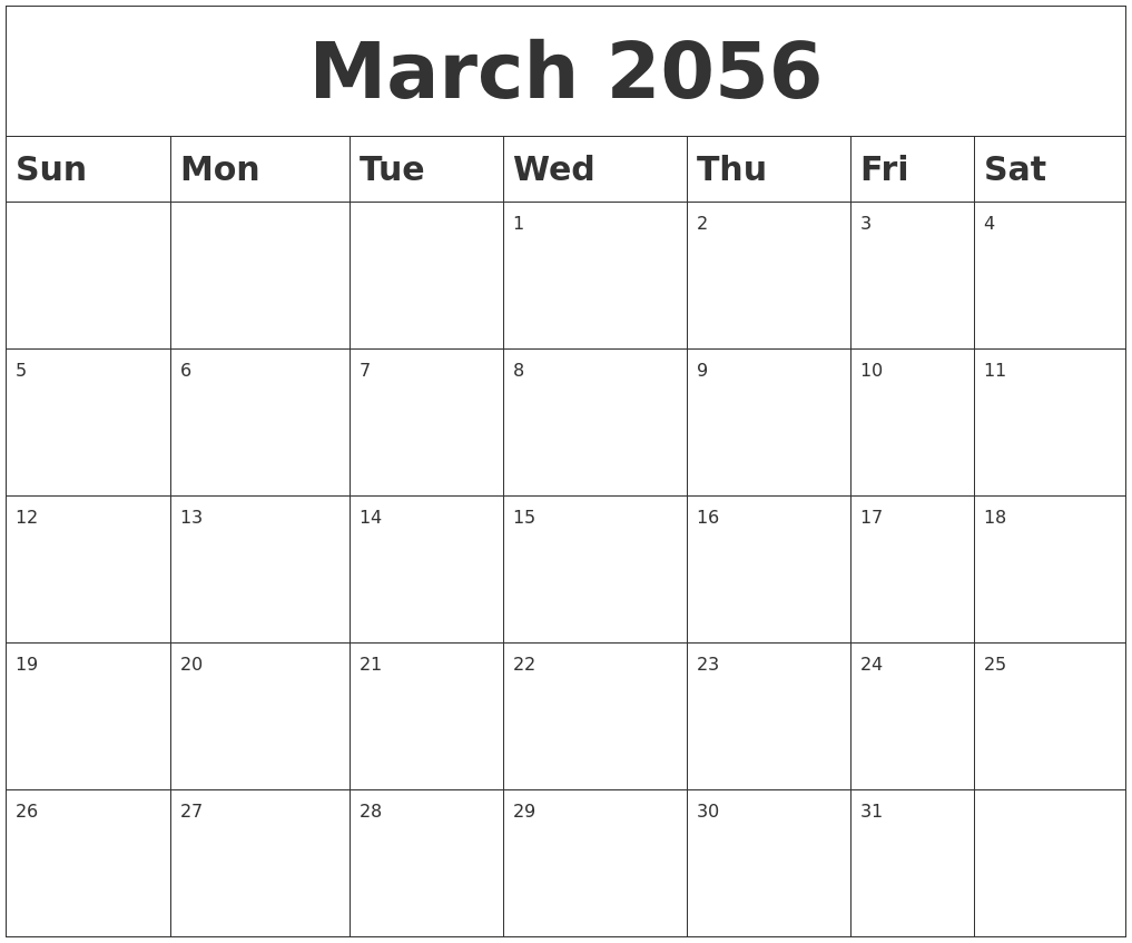 March 2056 Blank Calendar