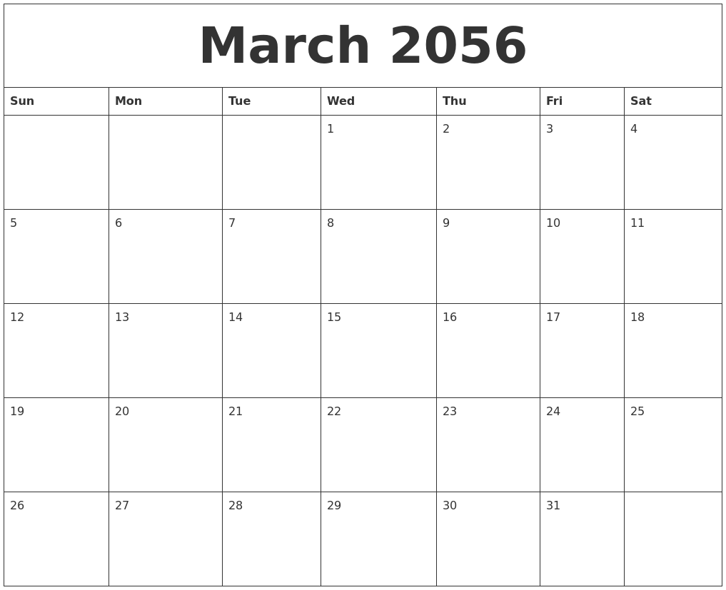 March 2056 Calendar Free Printable