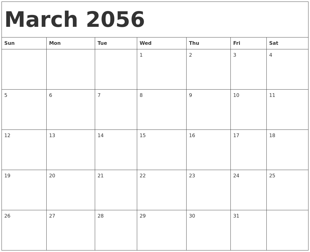 March 2056 Calendar Template
