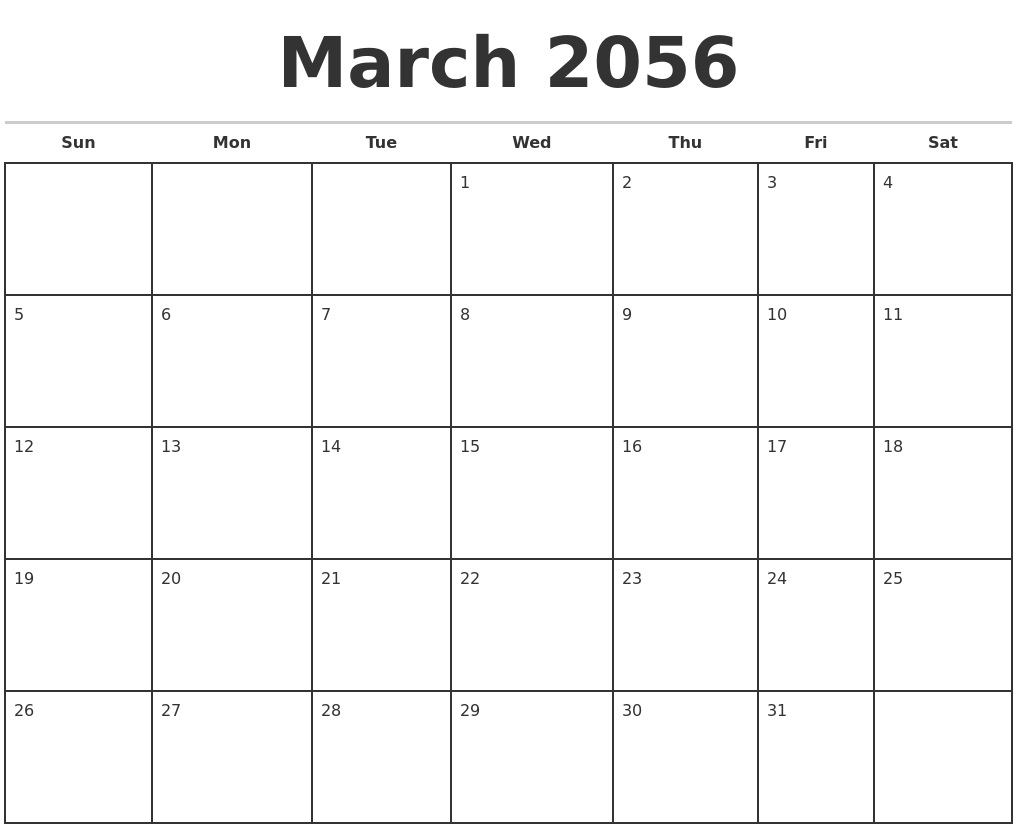 March 2056 Monthly Calendar Template