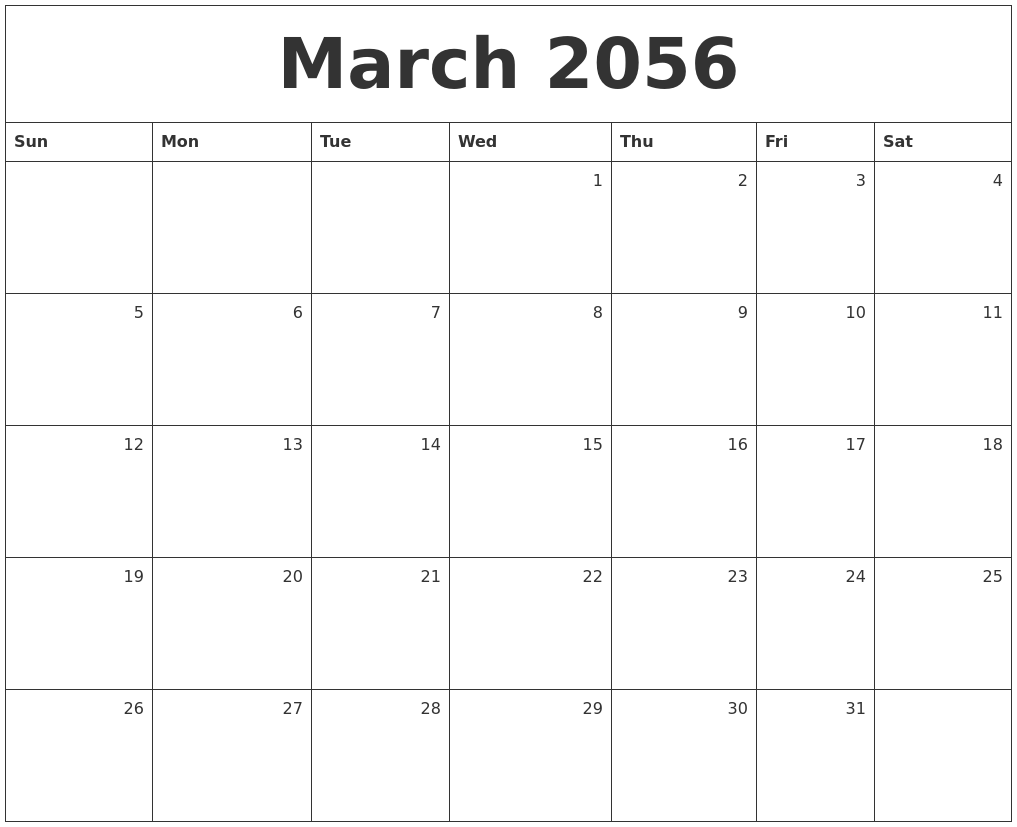 March 2056 Monthly Calendar