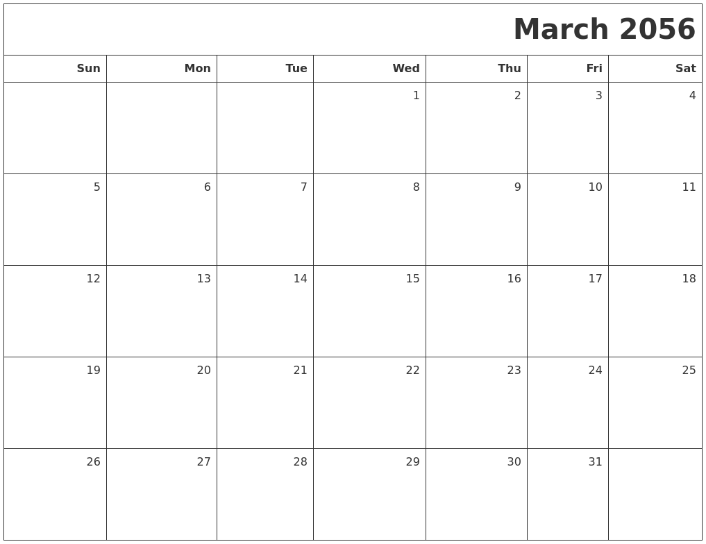 March 2056 Printable Blank Calendar