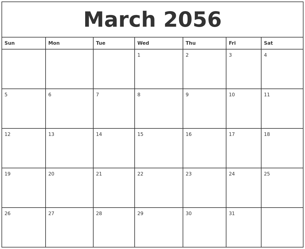March 2056 Printable Monthly Calendar