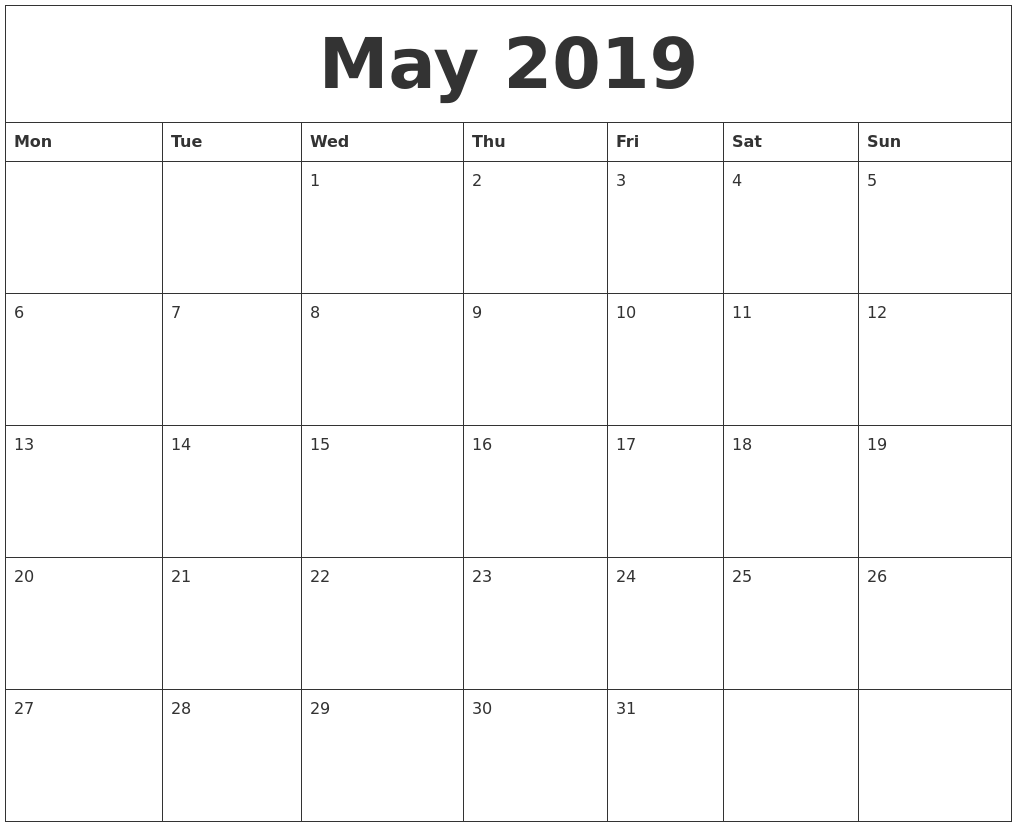 May 2019 Free Printable Blank Calendar