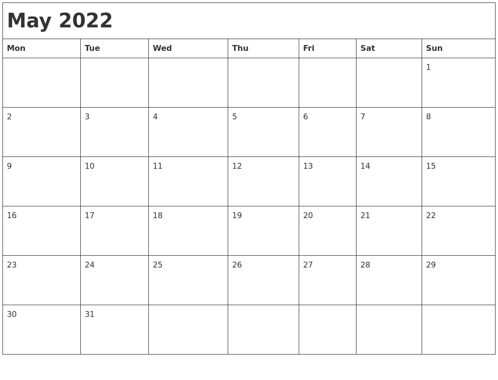 May 2022 Month Calendar