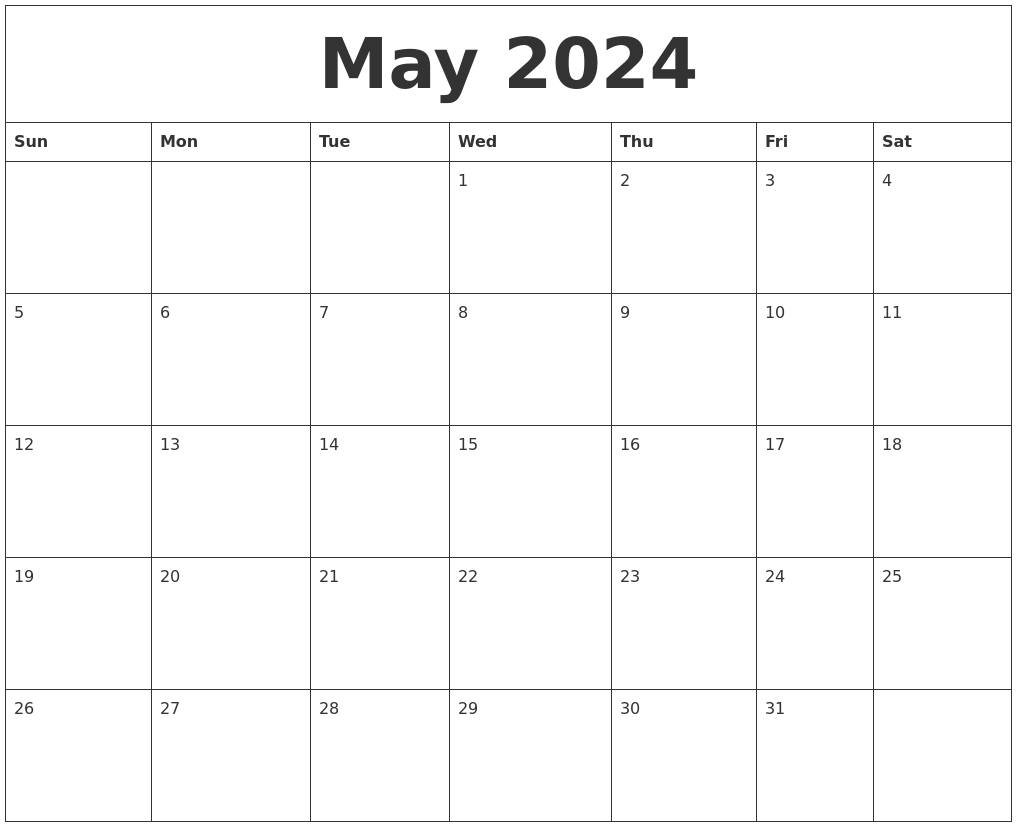May 2024 Blank Monthly Calendar Pdf