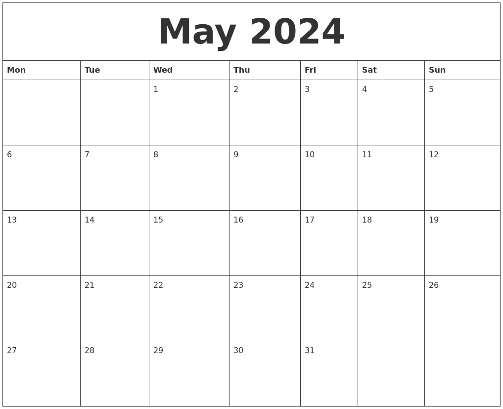May 2024 Calendar Monday Starting Josy Theadora