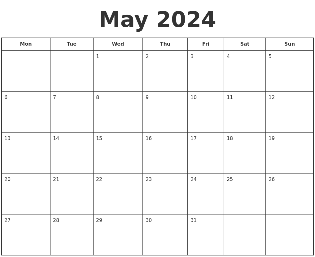 Calendar For May 2024 Printable