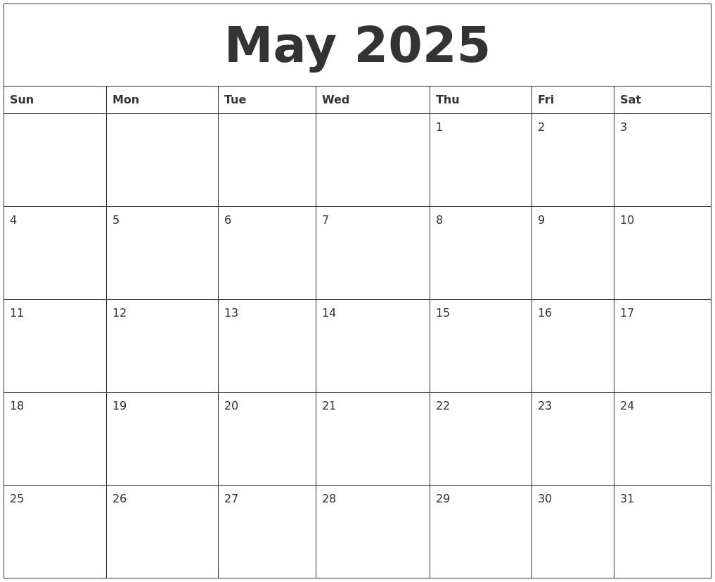 May 2025 Blank Monthly Calendar Pdf