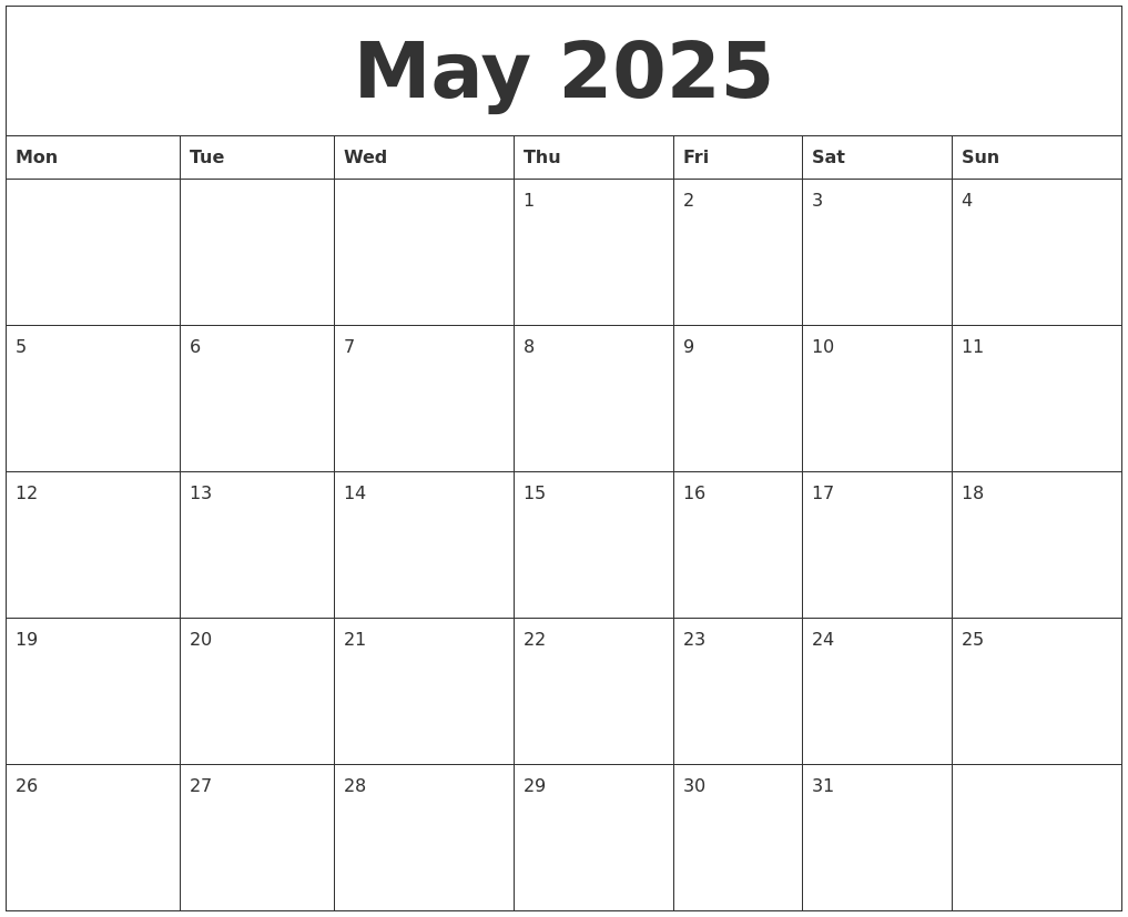 May 2025 Calendar Layout