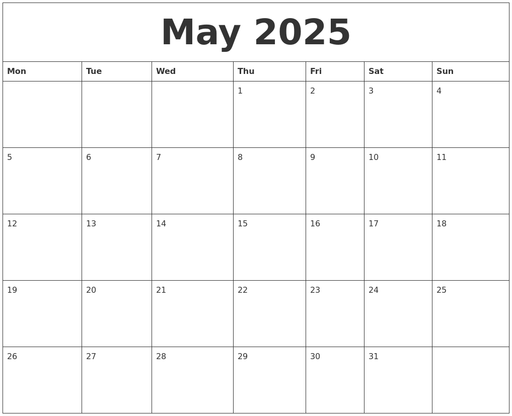 May 2025 Calendar Monthly