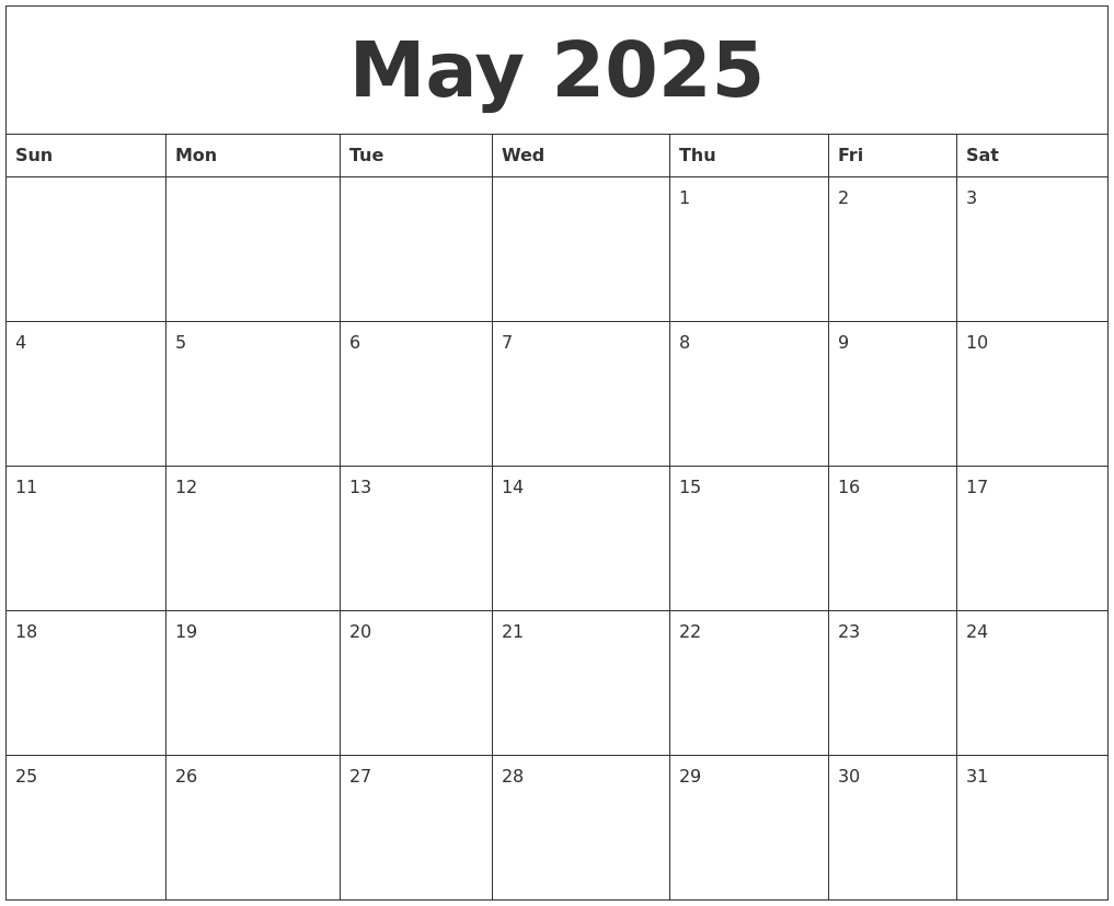 May 2025 Free Monthly Calendar Template