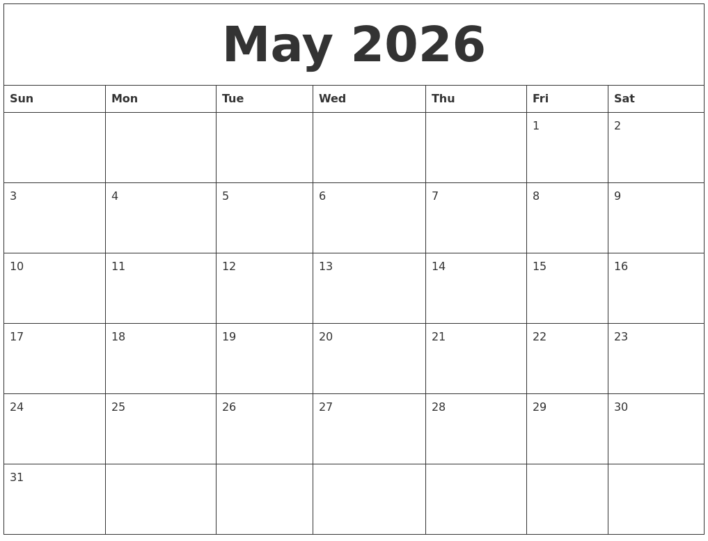 May 2026 Blank Monthly Calendar Pdf