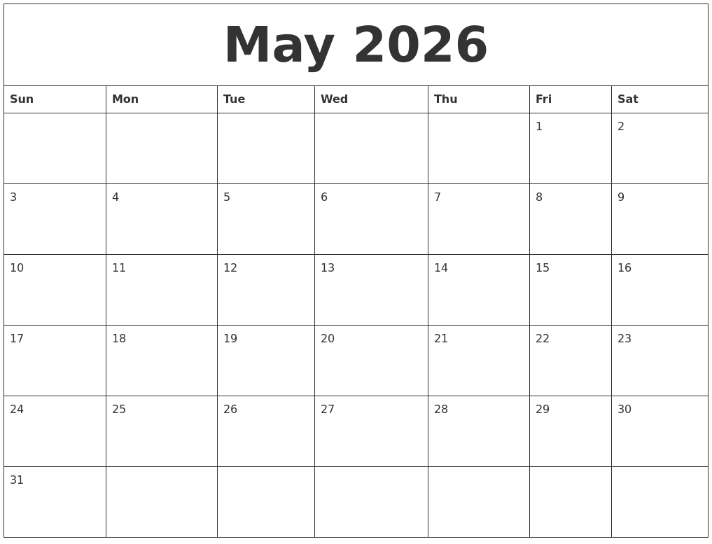 May 2026 Free Monthly Calendar Template