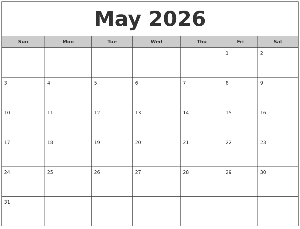 May 2026 Free Monthly Calendar