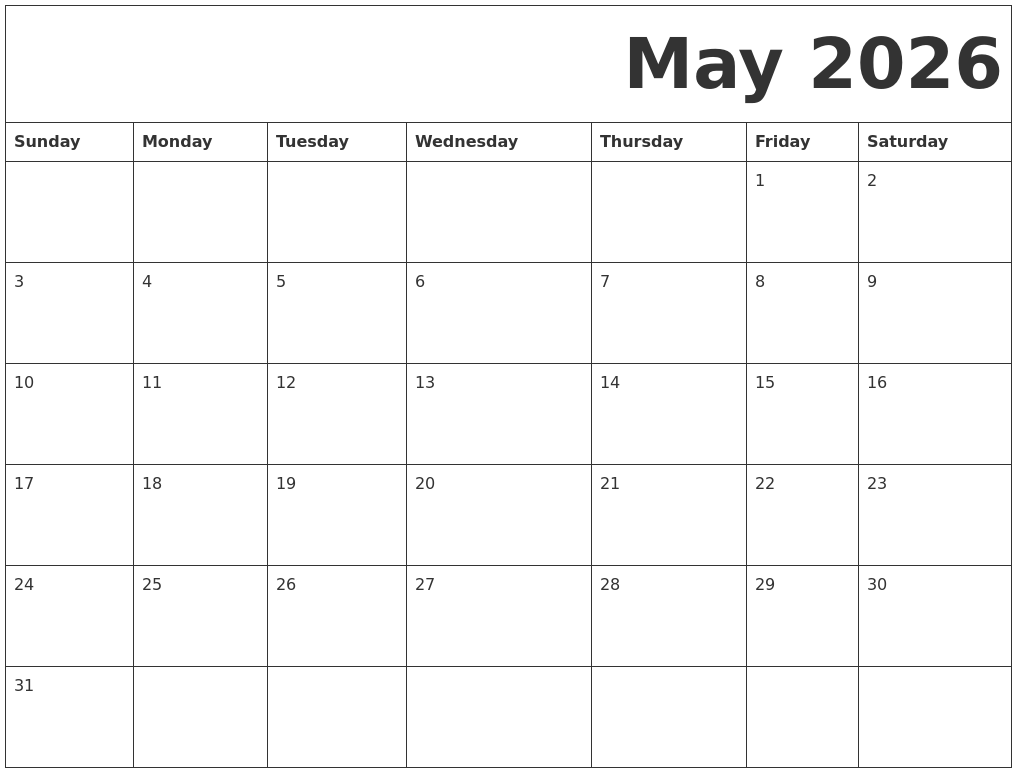 May 2026 Free Printable Calendar