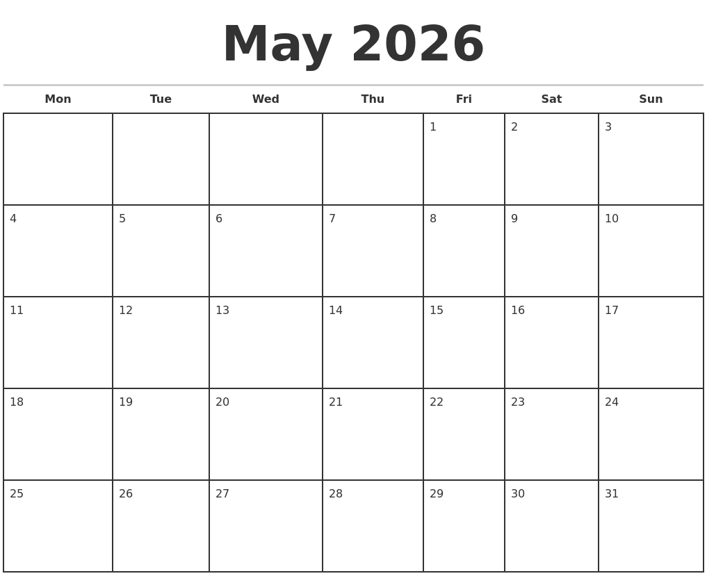 May 2026 Monthly Calendar Template