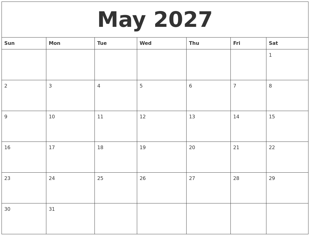 May 2027 Calendar For Printing