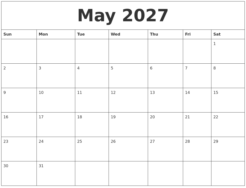 May 2027 Free Monthly Calendar Template