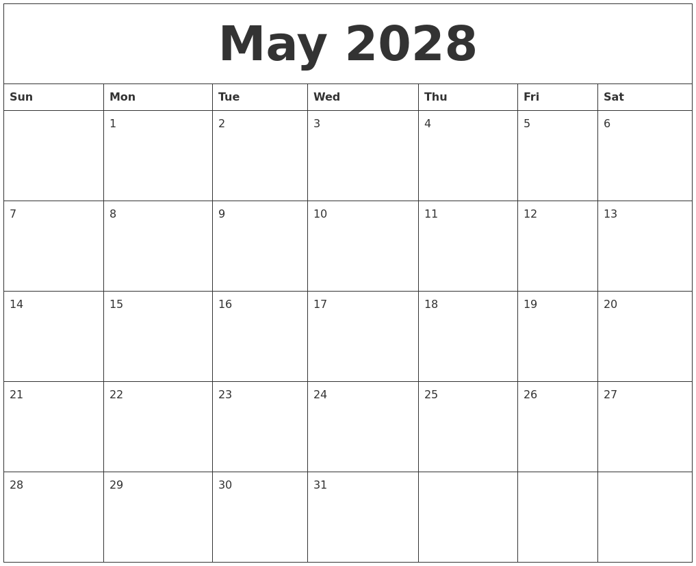 May 2028 Blank Calendar Printable