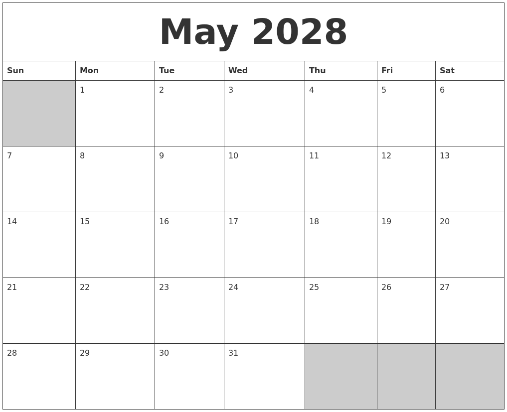 May 2028 Blank Printable Calendar