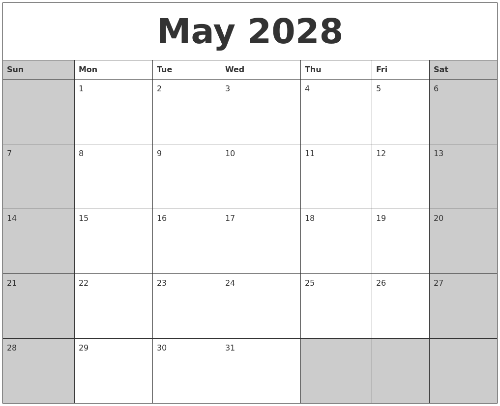May 2028 Calanders