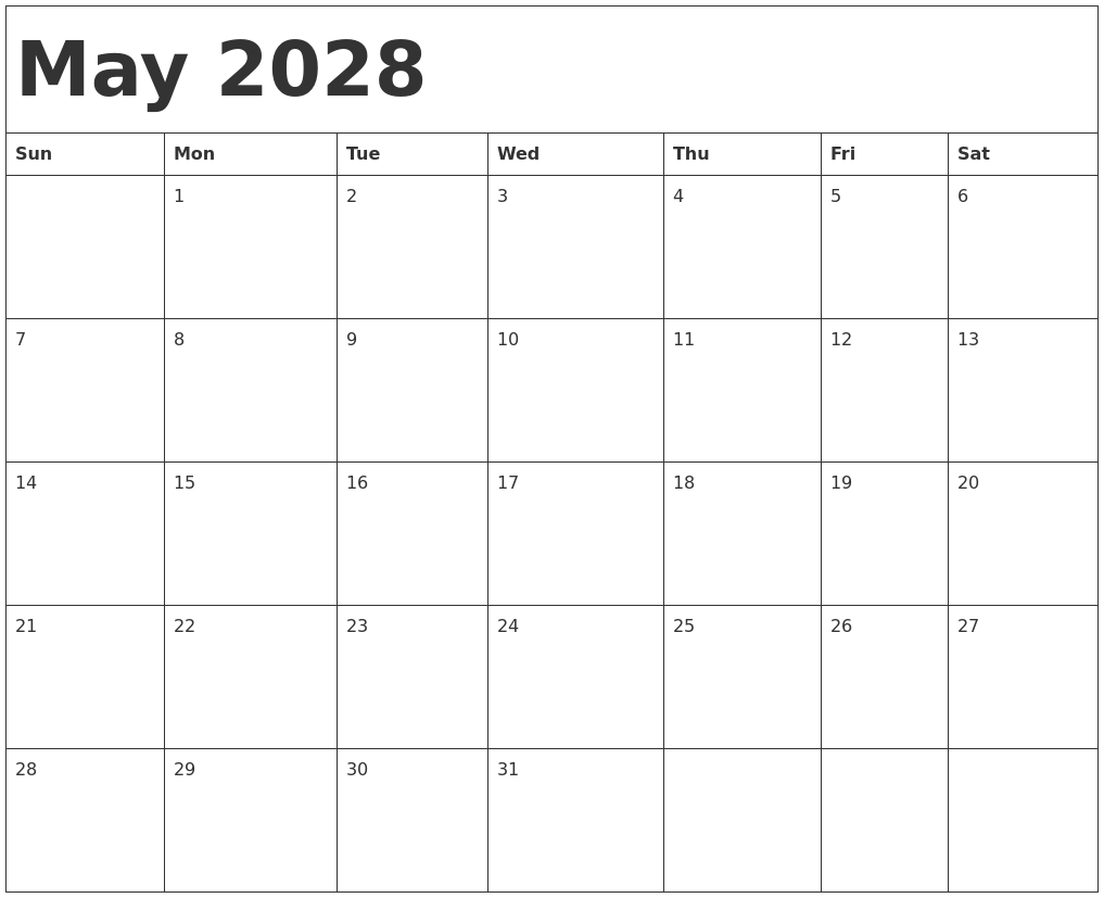 May 2028 Calendar Template
