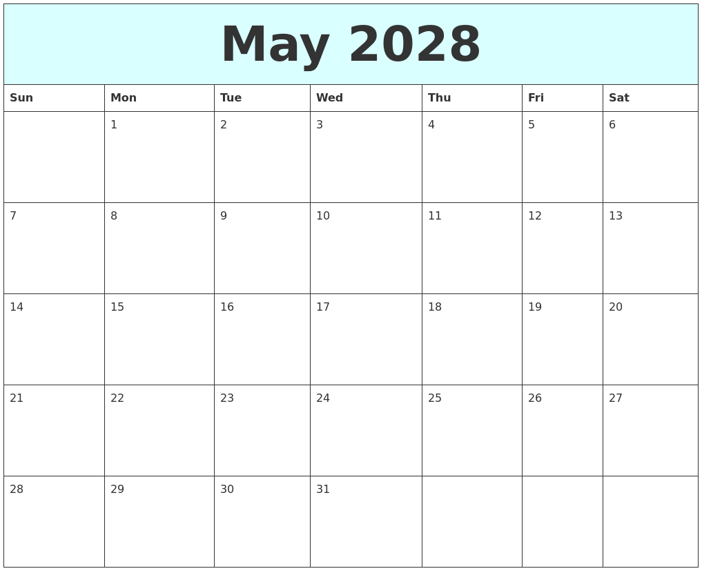 May 2028 Free Calendar