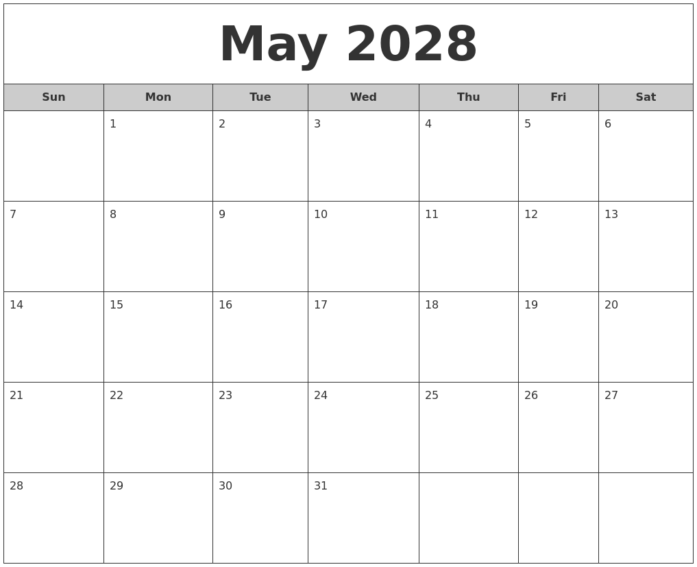 May 2028 Free Monthly Calendar