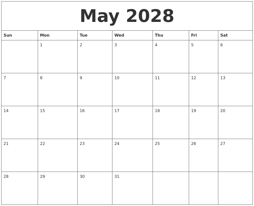 May 2028 Monthly Printable Calendar