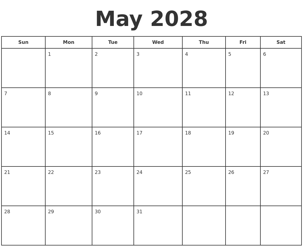 May 2028 Print A Calendar