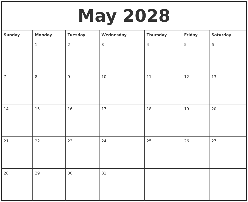 May 2028 Printable Monthly Calendar