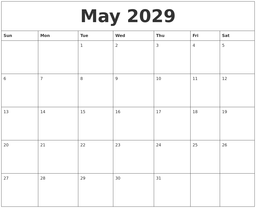 May 2029 Blank Calendar To Print